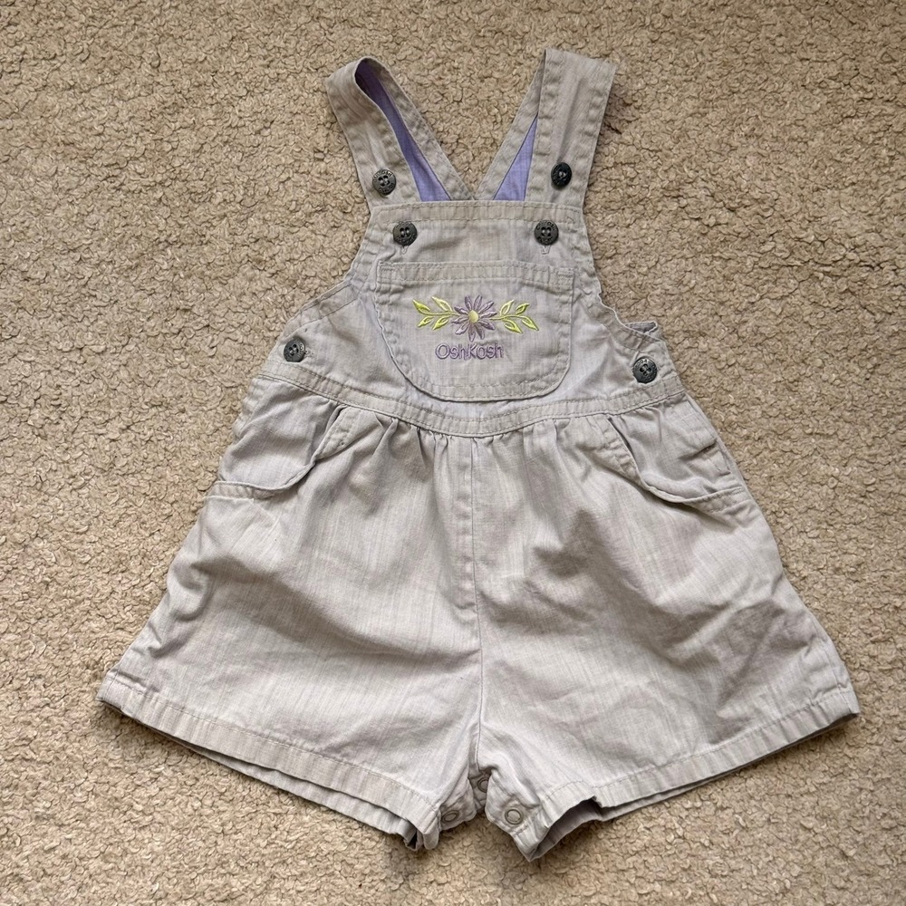 Vintage OshKosh B'gosh Tan Purple Flower Vestbak Shortalls 12M Made in Canada